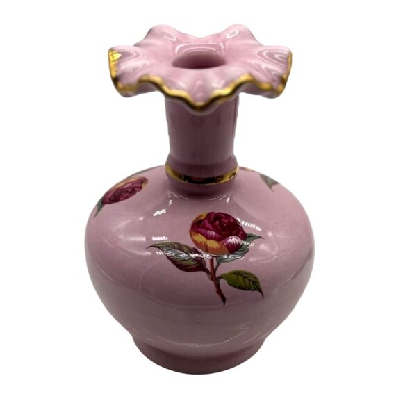 Vintage Pink Ceramic Rose Vase With Gold Detailing & Scalloped Rim 4"H X 3" W - Picture 4 of 6
